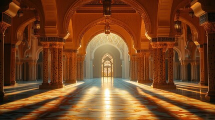 Sunlit Palace Hallway,  Arabian Architecture,  Morning Light