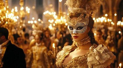 Masquerade Ball: Elegant reveler adorned with a feathered headdress, mask, and flowing gown amidst a glittering ballroom, embodying the allure of mystery and celebration.