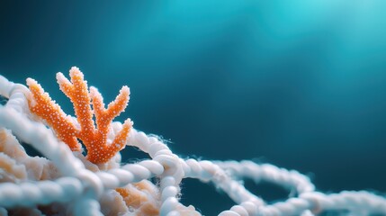 Pollution, future and water concept. A vibrant coral structure emerges from a delicate white network, set against a serene underwater backdrop of soft blue tones.