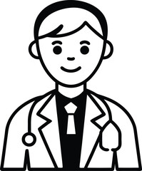 Black and White Minimalist Doctor Icon Smiling Young Male with Stethoscope