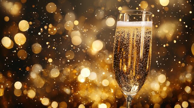 Elegant champagne glass against a backdrop of sparkling golden bokeh lights, symbolizing celebration, luxury, and festive moments in a refined atmosphere