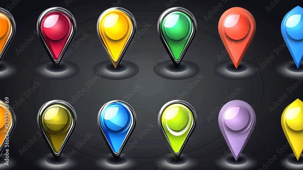 Poster collection of colorful location icons in various shapes and designs generative ai