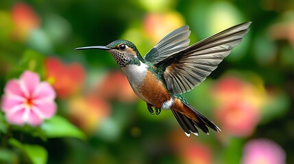 Fototapeta premium A hummingbird in flight near flowers.