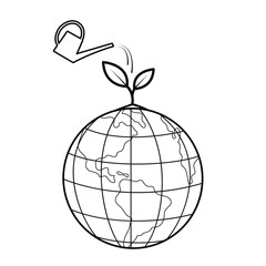 Earth with sprout and watering can. Earth day, ecology, nature and environment conservation concept. Simple outline vector illustration, isolated on white background