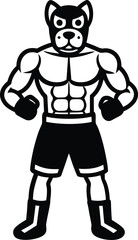 Cartoon Muscular Dog Boxer Black Silhouette, Intense Look, Gloves, Athletic Build, Shorts