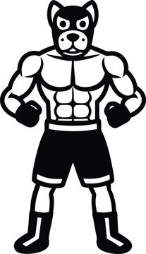 recommend clip art: Cartoon Muscular Dog Boxer Black Silhouette, Intense Look, Gloves, Athletic Build, Shorts