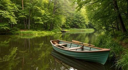 Serene Green Rowboat on a Calm Forest Lake