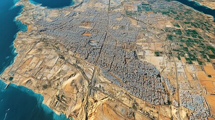 Aerial View of Coastal Cityscape Expansive Urban Development and Desert Landscape