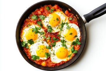 Shakshuka with Sunny Side Up Eggs in Tomato Sauce and Herbs