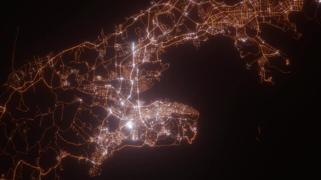 Dalian (China) aerial view at night. Top view on modern city with glow effect. Camera is zooming out, rotating counterclockwise