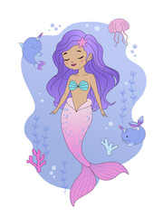 Vector illustration of underwater life. Mysterious little mermaid. Seamless pattern, perfect for fabric design, bedding, wrapping paper and t-shirts. Cute baby background