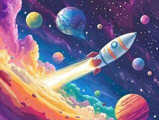 A space-themed mural for children's rooms, featuring a cartoon rocket, planets, and vibrant colors. The playful design captures the wonder of space  