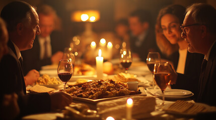 Jewish Passover celebration, Family enjoying a Passover meal with wine and matzah, surrounded by soft candlelight. AI Generated Images