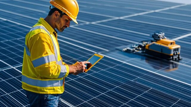 Solar Panel Inspector at Work: A skilled inspector, clad in safety gear, meticulously examines a solar panel array. He&rsquo;s engrossed in reviewing data on a tablet.