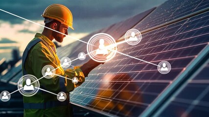 Solar Panel Technician: A skilled technician in a protective helmet inspects and maintains solar panels, a visual metaphor for the connection between renewable energy, technology, and human effort. - Powered by Adobe