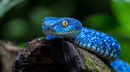 Obraz premium Vibrant blue snake on dark wood.