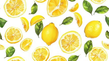 Bright lemon pattern on a white background, seamless and fresh.

