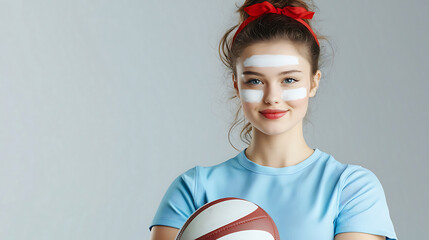 young athlete smiles confidently while holding rugby ball, showcasing her sporty attire and face paint. Her bright expression