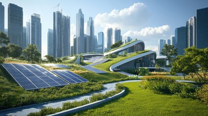 rendering of a building with a solar array on top of it, in an eco city