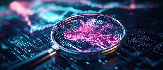 A magnifying glass highlights a glowing pink network map overlaying a digital data-driven background with fluctuating lines and intricate patterns