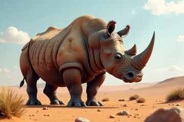Fototapeta premium Colossal Woolly Rhinoceros standing alone in the desert, desert, silhouette