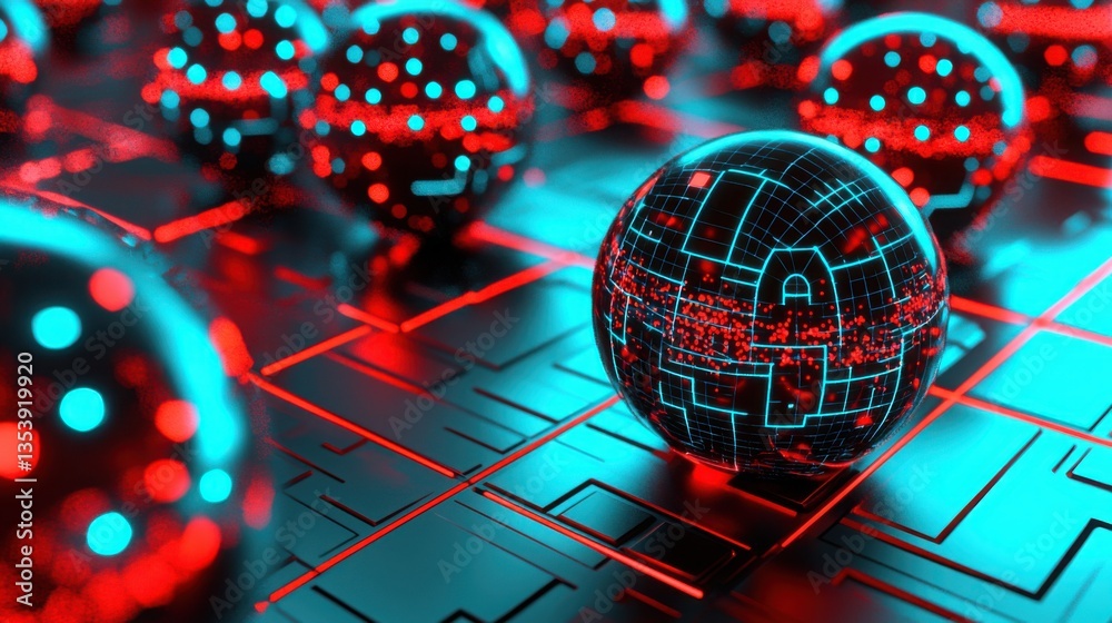 Poster futuristic sphere on computer display symbolizing ai-assisted investment models and advanced financi