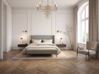 Elegant and stylish bedroom interior with modern furniture, soft lighting, and neutral tones, ultra-realistic details.