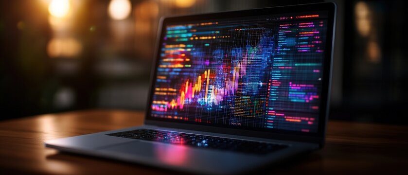 A laptop with vibrant, dynamic graphs and data visualizations on a wooden table in a dimly lit setting for stock market analysis technology