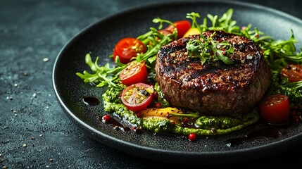Delicious Plate of Savory Meat and Fresh Vegetables Artfully Arranged for an Inviting Culinary Experience
