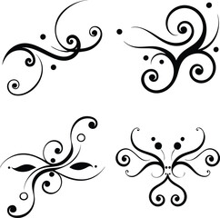 Elegant swirling patterns, black and white illustration, filigree design, symmetrical flourishes, decorative scrollwork, curling tendrils, minimalist floral motif, ornamental vines, calligraphic swirl