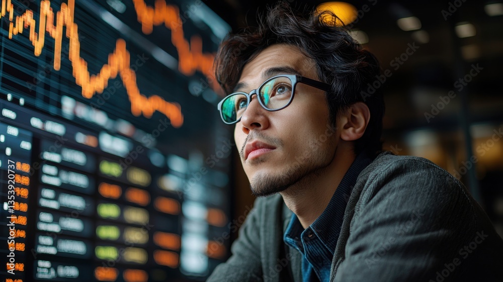 Poster man analyzing stock chart data on a computer screen reflecting financial trends and insights for inv