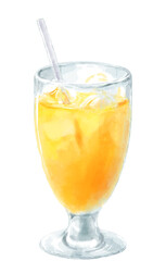 グラスに入った喫茶店のオレンジジュースの水彩イラスト(白ストロー)