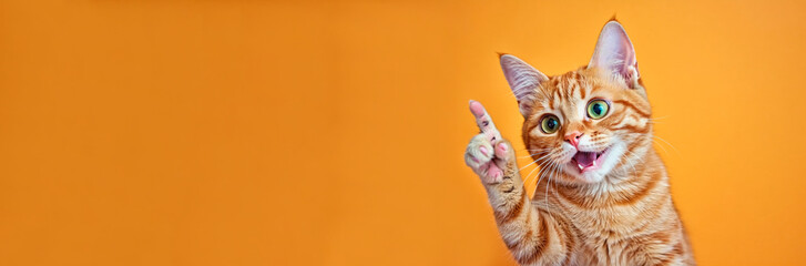 Portrait of beautiful happy cat pointing finger to the side on isolated yellow banner background.