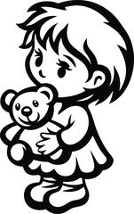 A cute young child holding a teddy bear silhouette vector illustration, young child holding a teddy bear isolated line art vector