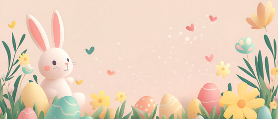 easter bunny with easter eggs on spring meadow; cartoon children friendly beige / bright pink background