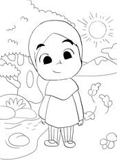 Cute cartoon kid in nature smiling