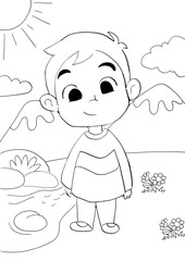 A cute boy in a sunny nature landscape with mountains, river, flowers and clouds