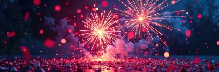 Obraz premium Confetti explosion at midnight with QR code , fireworks, qr code