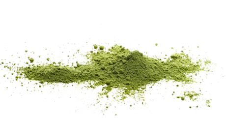 Matcha green powder pile, tea isolated on white background, side view
