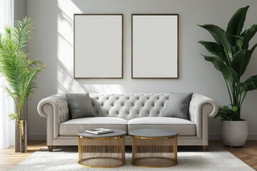 Elegant living room features a tufted sofa and framed art