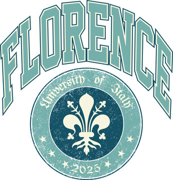 disegno per t shirt da donna florence, grafica college effetto rovinato