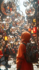 Fototapeta premium Person gazing at shimmering spheres floating above bustling city streets