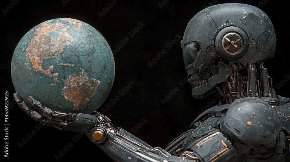 Poster robot holding a globe symbolizing global unity and responsibility in a technological world focused o