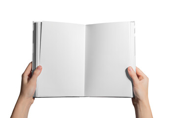 Open book held in hand, blank white pages. Textbook, journal, or novel with clean layout for study,...
