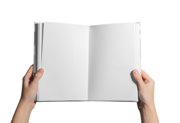 Open book held in hand, blank white pages. Textbook, journal, or novel with clean layout for study, education, and knowledge presentation. Modern design for publishing, writing, and reading. Isolated.
