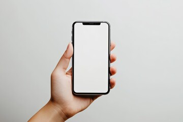 Hand holding a black smart phone with blank white screen