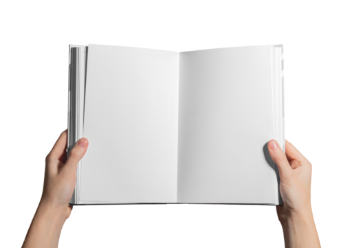 Open book held in hand, blank white pages. Textbook, journal, or novel with clean layout for study, education, and knowledge presentation. Modern design for publishing, writing, and reading. Isolated.