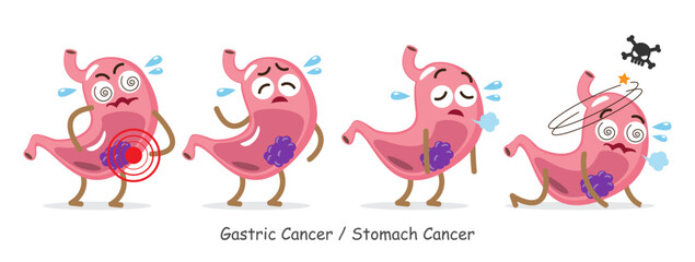 Gastric cancer or stomach cancer . Cute medical cartoon characters . Isolated white background . Vector .