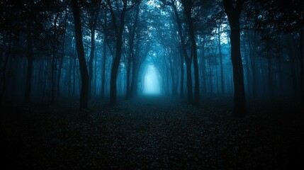 Obraz premium Mysterious Blue Fog Envelops a Dense Forest Path Surrounded by Tall Trees Creating an Enigmatic and Ethereal Atmosphere in Nature