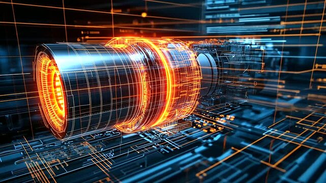 A highly detailed cross-section of an engine, with glowing heat maps indicating efficiency and mechanical stress analysis.